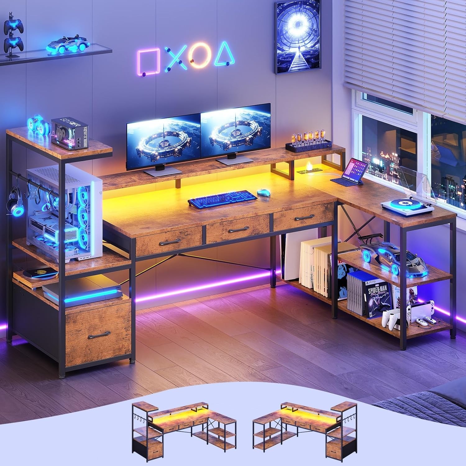 59" L Shaped Gaming Desk with 4 Drawers and LED Lights, Reversible Computer Desk