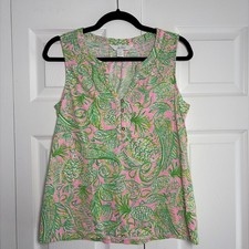 Lilly Pulitzer Etta Tank Top Womens Size M Pink Green Pineapple Paisley Cotton