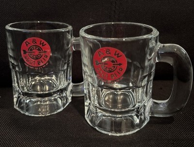 Vintage A&W Root Beer Mini Glass Mugs Set of 2 Red Arrow Logo Heavy Glass