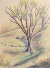 Vintage Pastel Landscape Tree & Creek Framed Art Rustic Cottagecore Farmhouse