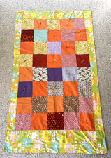 Handmade Lap Crib Quilt Bright Vintage Fabrics Floral Back Church Group 58x34"