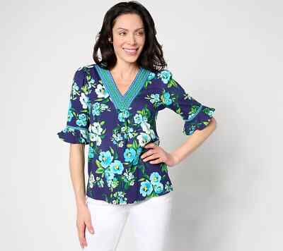 Isaac Mizrahi Elbow Flutter Sleeve V-Neck Top-Navy/Multi-XS A640795 NEW