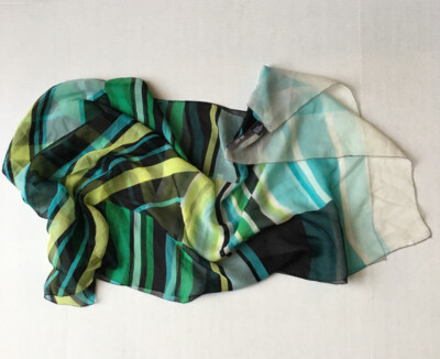 Silk Scarf Per Se Green Blue Black Mod Retro Striped Pattern 19 x 68  Korea