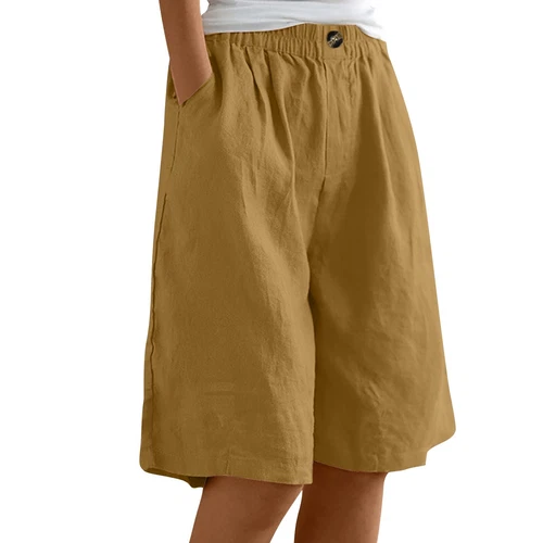 Womens Solid Color Pants Pocket Button Up Capris Loose Elastic Waist Shorts - Bild 47 von 63
