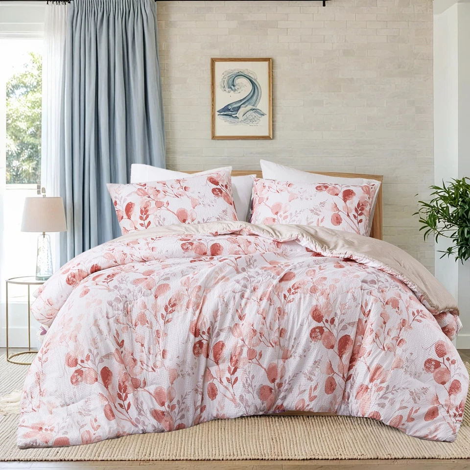 Reversible Floral Botanical Seersucker Breathable Comforter Set Twin Queen King - Image 2 of 4