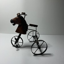 Vintage Hand Made Steel Metal Tricycle With Wood Seat And Horse Doll Size
