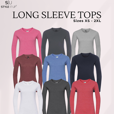 Womens Ladies Plain Long Sleeve T-Shirt Top Fitted Stretch Basic Casual  Cotton | eBay UK