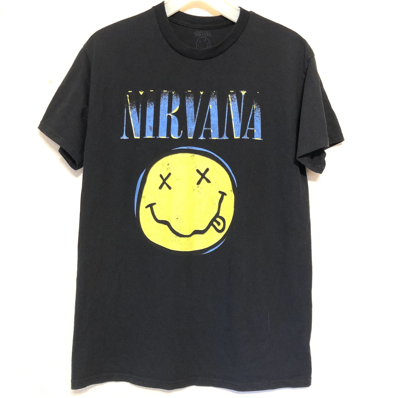 Nirvana Smiley Face Logo Grunge Band T-Shirt Mens Medium Black GUC