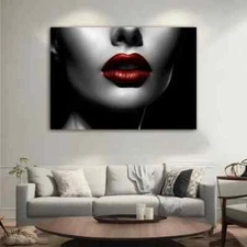 Attractive Red Lips Modern Art Black Wall Art Canvas Unframed Print Art