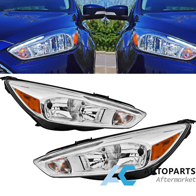 For 2015-2018 Ford Focus w/LED DRL Headlights Headlamp Assembly Pair Chrome