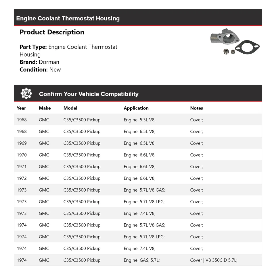 Carcasa termostato refrigerante motor Dorman 1969 para camioneta GMC C35/C3500 1968-1974 Foto 2 de 4
