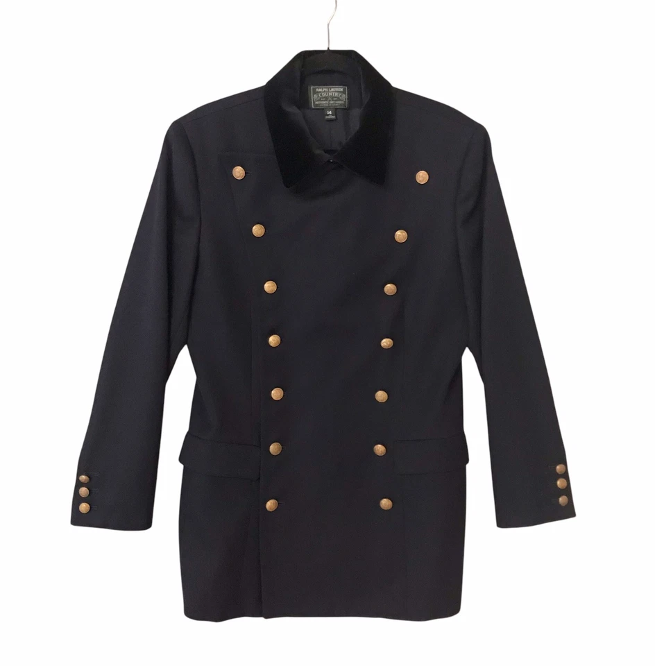 VTG RALPH LAUREN COUNTRY Wool Pea Coat Gold Buttons Velvet Collar USA Made Sz 14 - Image 2 of 4