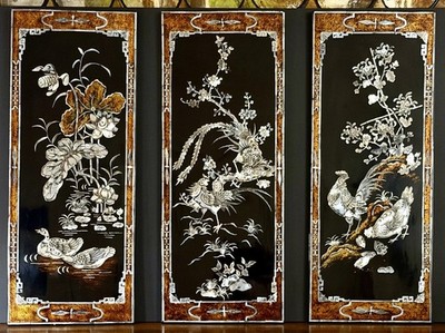 Vintage Black Lacquer Mother of Pearl Wall Panels Set of 3 Asian Birds Floral