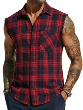 Mens Sleeveless Plaid Flannel Shirts Button Down Cowboy Western Casual Tank Tops