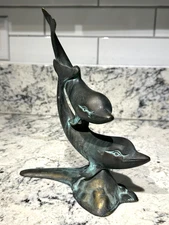 BRASS Metal Pair of Dolphins Vintage Sculpture M. Scholes Large Modern Figurine