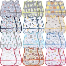 12 Pcs Baby Waterproof Bibs with Food Catcher Adjustable Snaps Plastic Feedin...