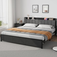 Full/Queen/King Size Bed Frame Platform Bed Frame W/ Charging Station 2 Drawer