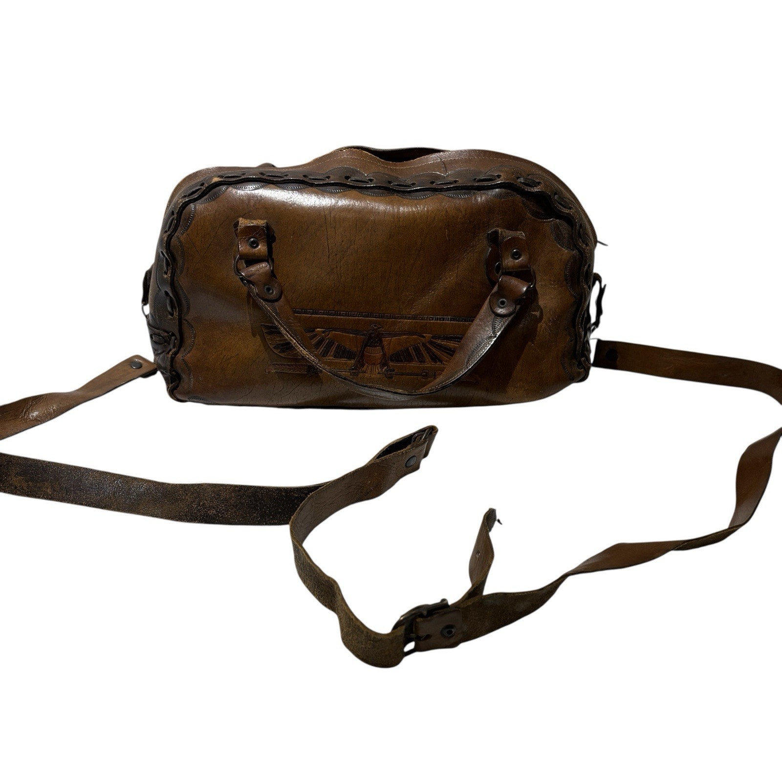 Vintage 70s Aztec Etched Leather Brown Shoulder / Handbag Retro Boho Indie Mod