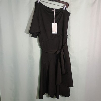 Womens Black One Shoulder Dress Asymmetrical Tie Waist Ruffle Hem Cocktail  Dress | eBay