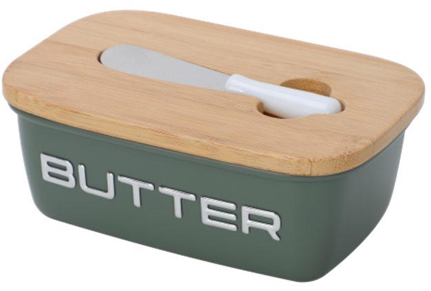 Butter Dish Sage Green Metal Airtight Storage Container Wooden Lid Butter Keeper