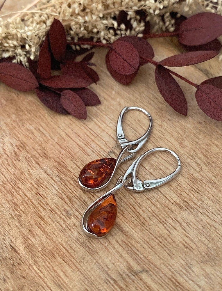 Boucles d'oreilles dormeuses argent 925/1000 rhodié pierre d'ambre naturelle femme