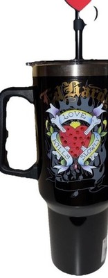 Ed Hardy Love Kills Slowly Black Insulated Tumbler with Handle & Lid