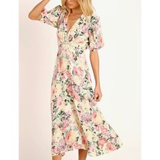 Faithfull the Brand Midi Dress Vittoria Yellow Floral V-neck Short Sleeve Medium
