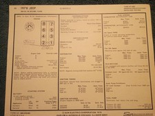 1978 Jeep 304 V-8 Engine Sun Tune-up Chart 2bbl Carb Cj Models