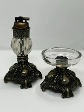 Vintage Japan Crystal Table Lighter & Pedestal Ashtray Set – Ornate Base
