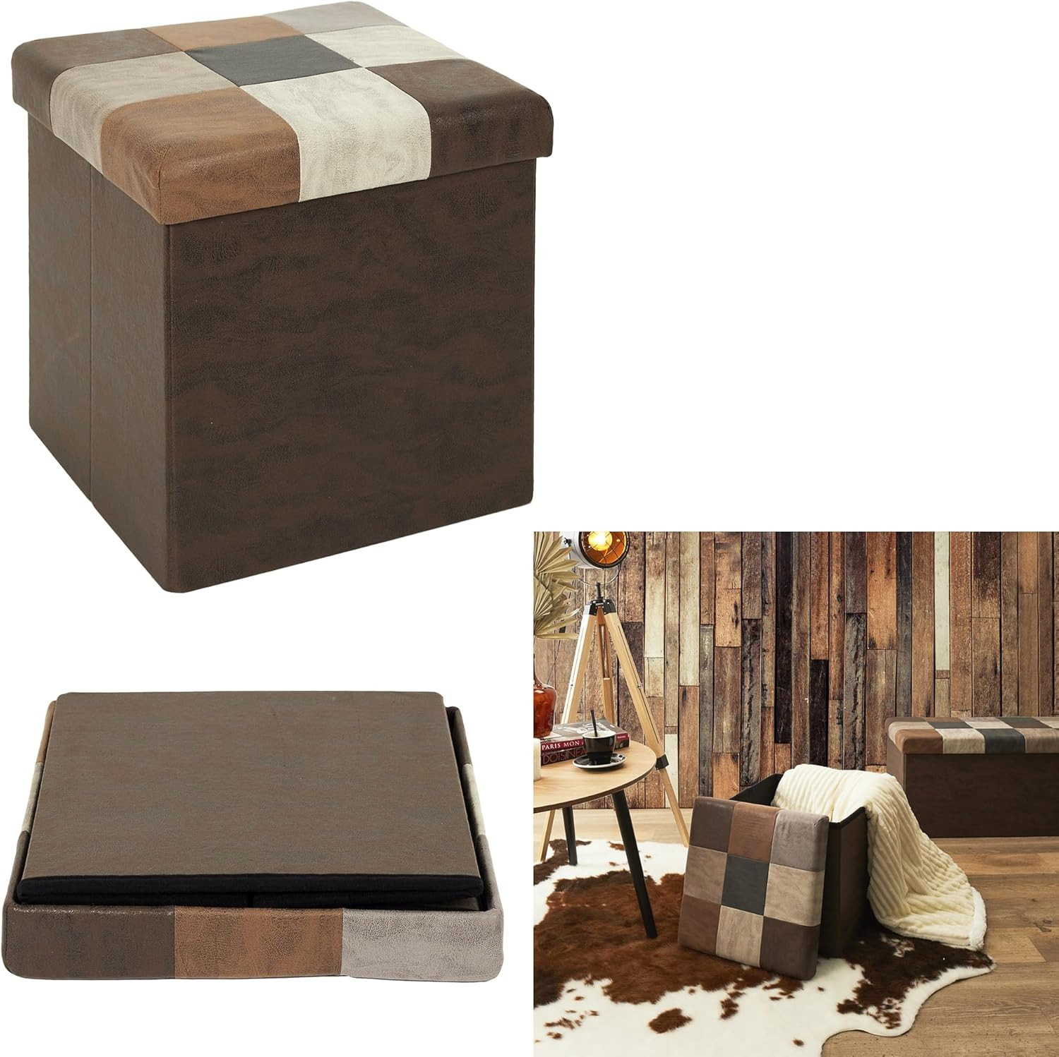 Pouf bistrot indus pliable HD7665 marron avec coffre de rangement patchwork