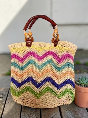 Fossil Straw Tote Bag Chevron Colorful Wood Handle Shoulder Bag Large