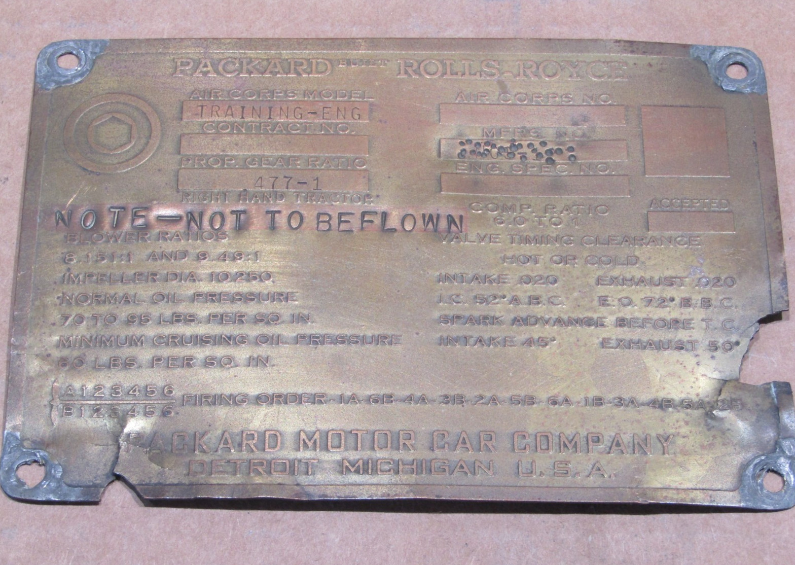 WW2 era Packard Rolls Royce Aircraft Engine Data Plate Training