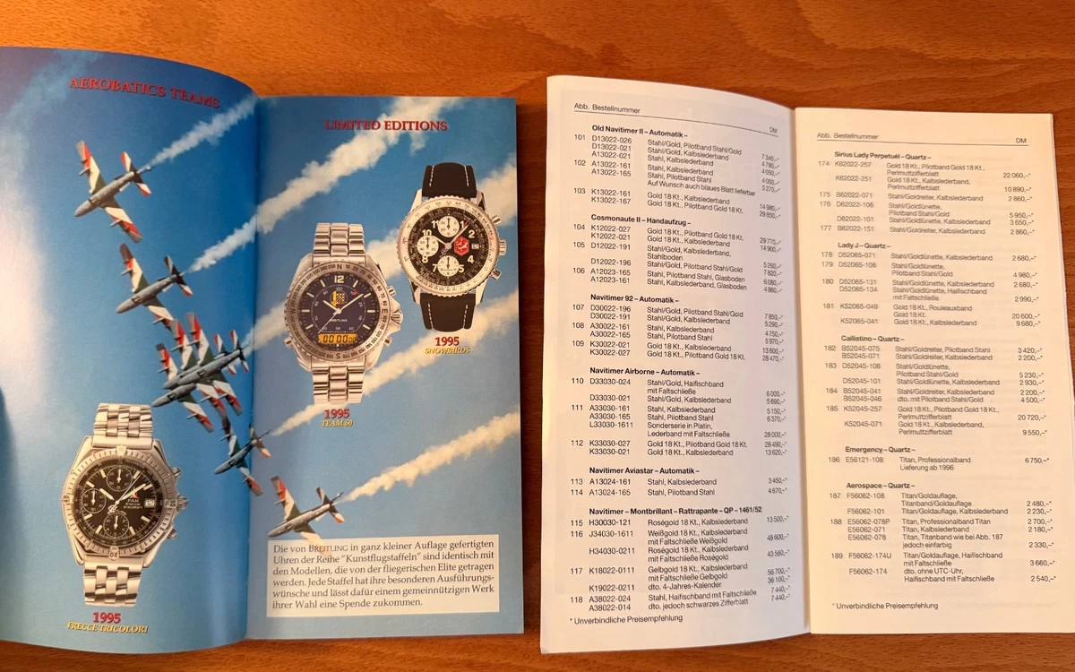 RARO: Catálogo Breitling de 1996 con lista de precios DM, alemán EXCELENTE