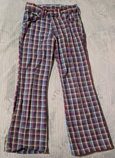 Vtg Plaid Toughskin Pants Bell Bottom Flare Blue Yellow Red Size 12 Sears