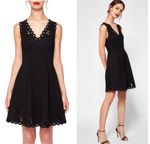 Ted Baker Black Emalise Embroidered Skater Mini Dress Size 1 Sleeveless - Picture 6 of 8
