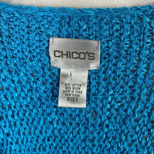 Chico's 3 Size XL Sweater Cardigan Blue Open Knit Lagenlook One Button Topper - Picture 4 of 10