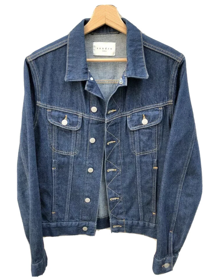 SANDRO PARIS BLUE DENIM JACKET SIZE S SMALL 100 COTTON RED SELVEDGE