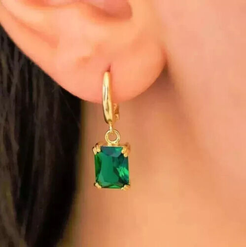 3Ct Emerald Cut Lab-Created Emerald Drop Dangle Earring 14k White Gold Plated