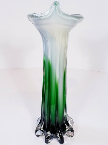 Art Glass Tulip Vase Jack In The Pulpit 11 1/2" White Green Yellow - Picture 5 of 11