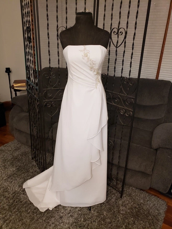 婚礼礼服非正式白色缎面雪纺帝国/自然腰围 A 字 10 码 — 第 2/4 张图片