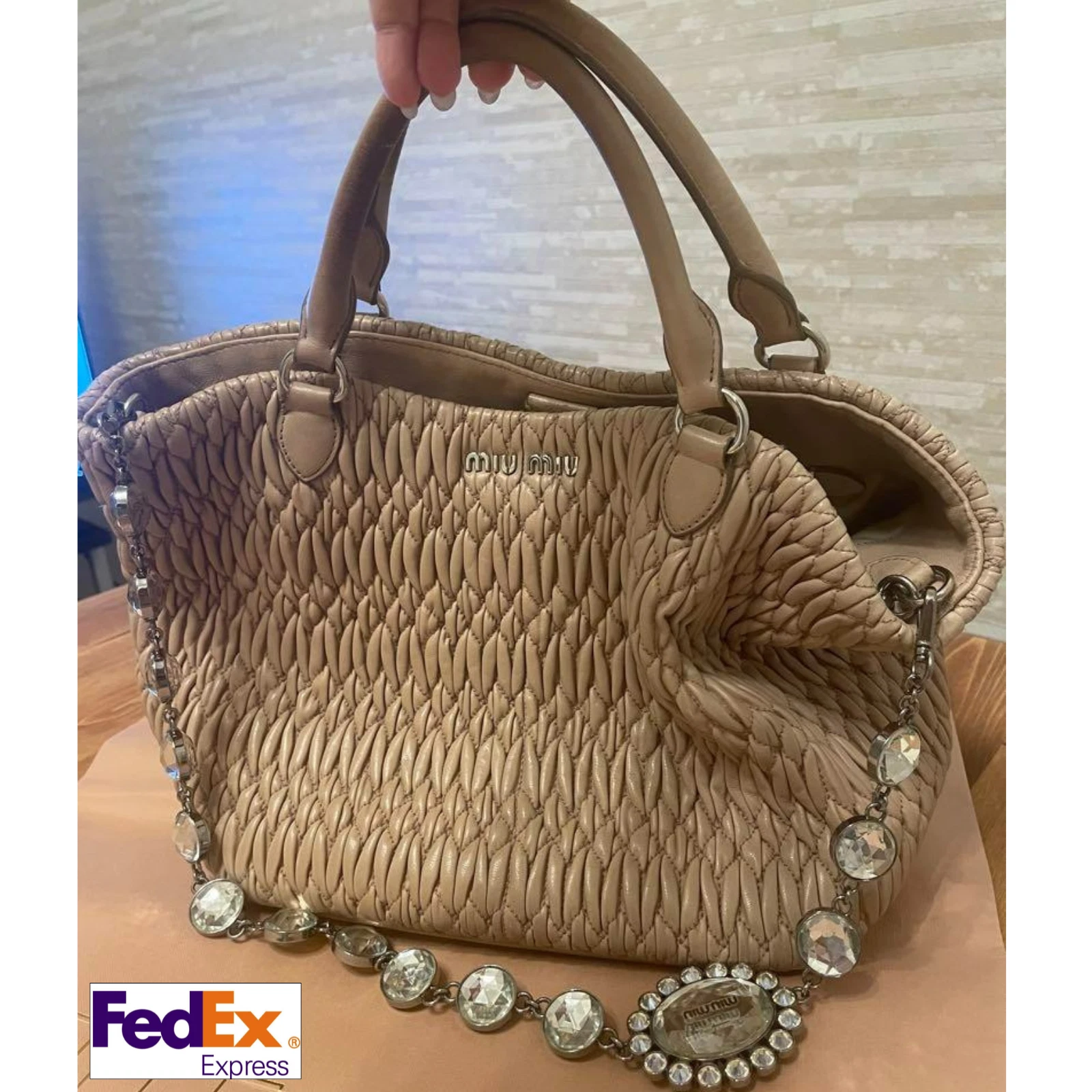 Miu Miu Nappa Crystal Matelassé Shoulder Bag Beige 2WAY Leather Purse From JPN