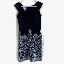 London Times Women’s 6 Black A-Line Dress Empire Waist White Floral Sleeveless
