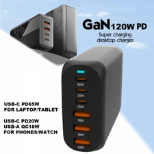 GaN 120W/65W Desktop Charger Quick Fast Charging QC PD Type C USB Power Adapter