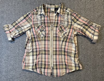 Harley Davidson Womens Shirt Embroidered Full Zip Size 1W Plaid 3/4 Sleeve Biker