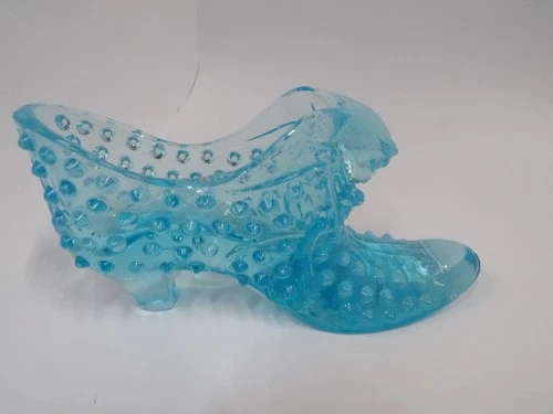 Vintage Mid Century Blue Fenton Hobnail Cat Kitten Head Glass Slipper Shoe Teal
