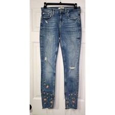 Zara Skinny Blue Jeans Floral Embroidery Cropped Ankle Raw Hem Distressed 4