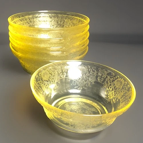 Hazel Atlas Glass Florentine #2 Poppy Yellow Glass Bowl Set of 6