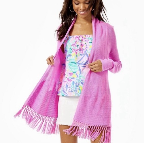 LILLY PULITZER NWOT Tatum Open Front Fringe Sweater In Lilac Rose Sz XXS
