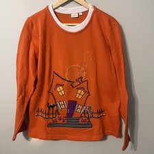 Vintage Haunted House Halloween Embroidered Crewneck Women s XL 16/18 Orange