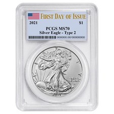 2021 $1 1-oz T2 American Silver Eagle PCGS MS70 FDI Flag Label